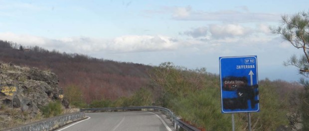 Heading off Etna. Blacked out signs? Either the Vandals or the town/road is no more?