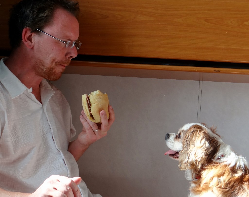 On the ferry Jay has a sentinel as he eats his lunch