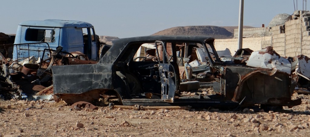 Parked just up the road from the Ksar - the place where the battered old cars finally come to die, but first they are stripped over every useful part.