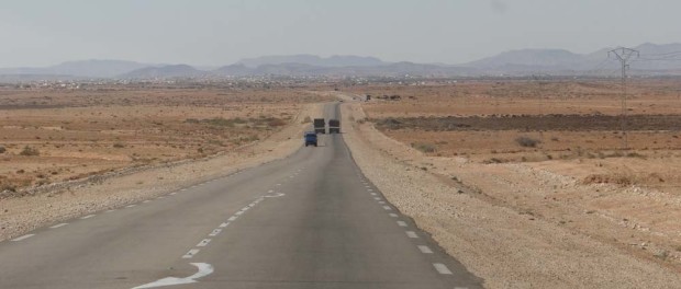 The road north to Mareth from El Jorf. A bit dull but for a few locals harvesting olive trees.