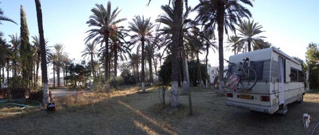 Dave on grass! Parked in the Gabes Youth Hostel, Tunisia.
