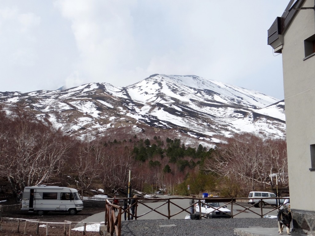 The view from the refuge - the lava spewing crater is just above Dave, but a bit hidden by it's own smoke