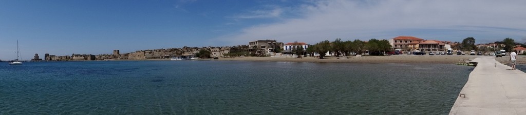 Dave on the right, the castle and Methoni on the left - no wonder we stopped another night!