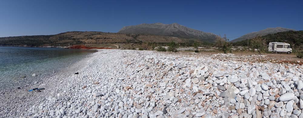 Motorhome wild camping on yet another perfect beach in Greece after a visit to the nearby Diros Caves