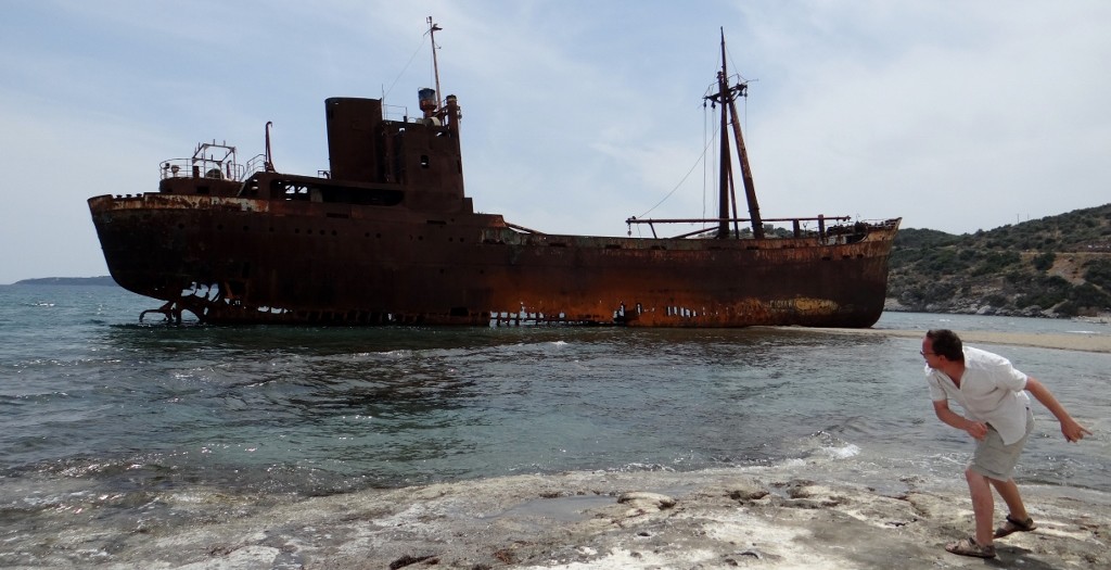 Jay throwing stones at the Dimitrios - he hit it a couple of times, but then it is quite big!