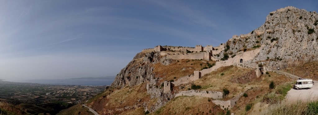 Motorhome overlooking the Gulf of Corinth at Acrocorinth in Greece free wild camping