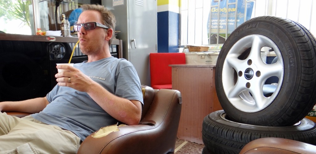 Jay enjoys a cool coffee while he waits