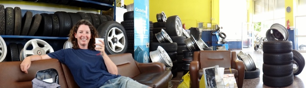 Ju enjoys a cool water while she waits