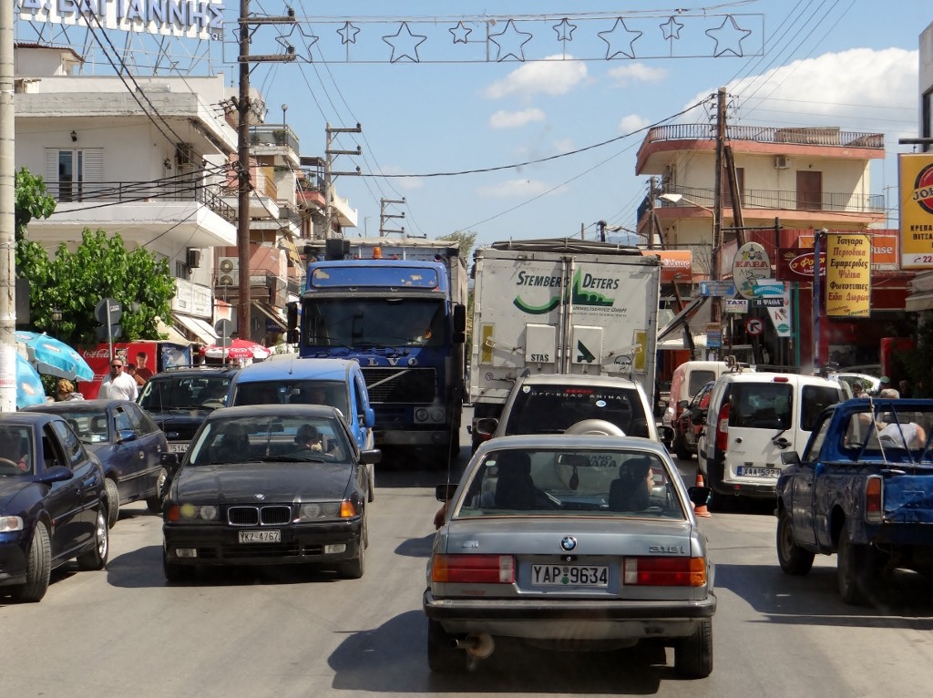 Busy little towns are best avoided if possible. No problem though, the guy driving the blue lorry was on his mobile and smoking a cigarette to pass the time as he drove!