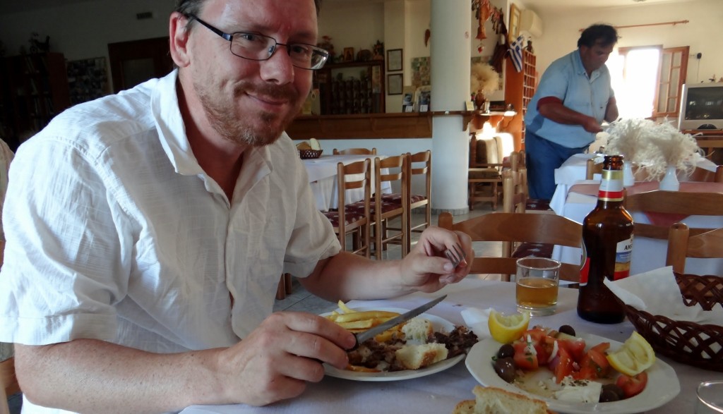 BBQ Chicken and chips; with the ever attentive Costas in the background!