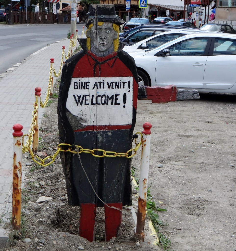 Charlie went nuts at the entrance sign for the parking in Bran