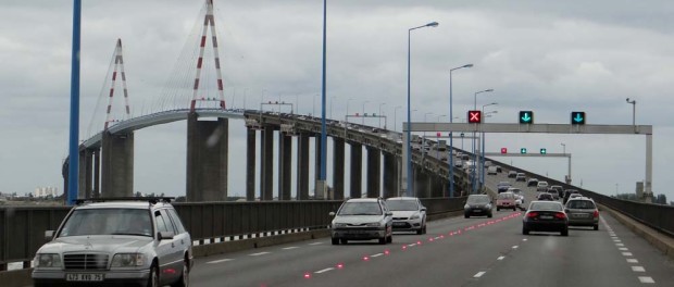 Bridge over the Loire - they're testing out a multi-lane system and felt the need to add signs telling us not to cross the red line!
