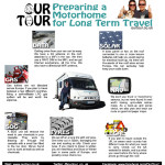 Graphic showing preparation of a motorhome for a tour of Europe. Includes internet antenna/MiFi/SIM, refillable LPG gas, SOG Thetford Cassette, Tyres, Legal, Satnav and Solar Panel.