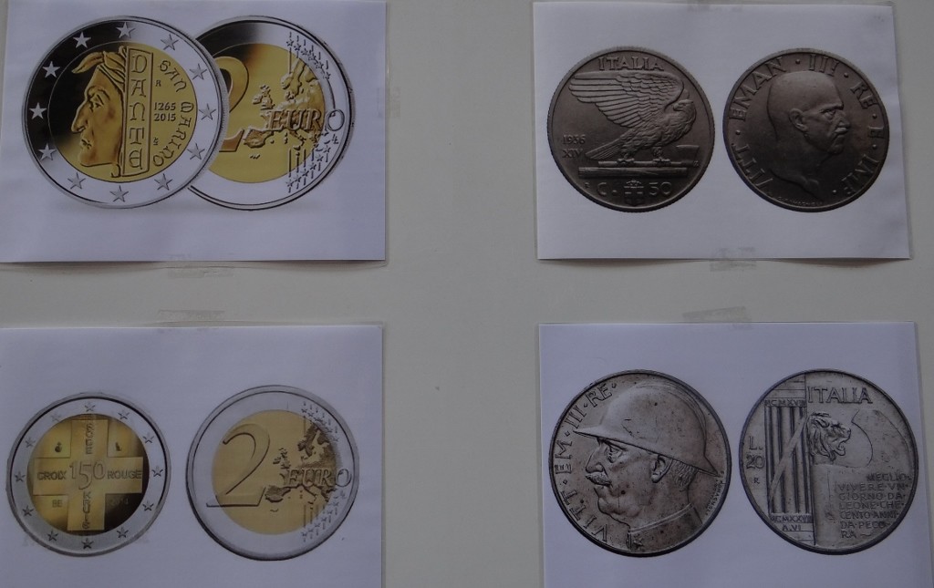 Now and then - to the left the Euro, to the right Italian currency with Mussolini's noggin and fascist fasces symbol 