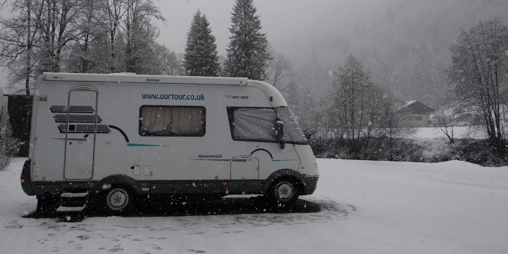 Zagan in the motorhome aire at Sixt-Fer-A-Cheval