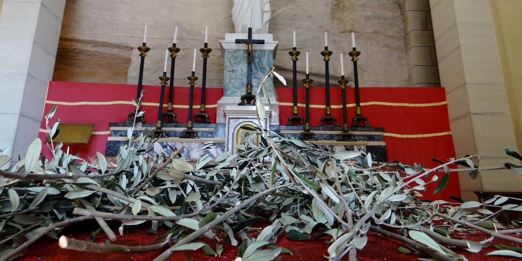 It's Palm Sunday today. No palms around here, so the devout carry olive branches instead 