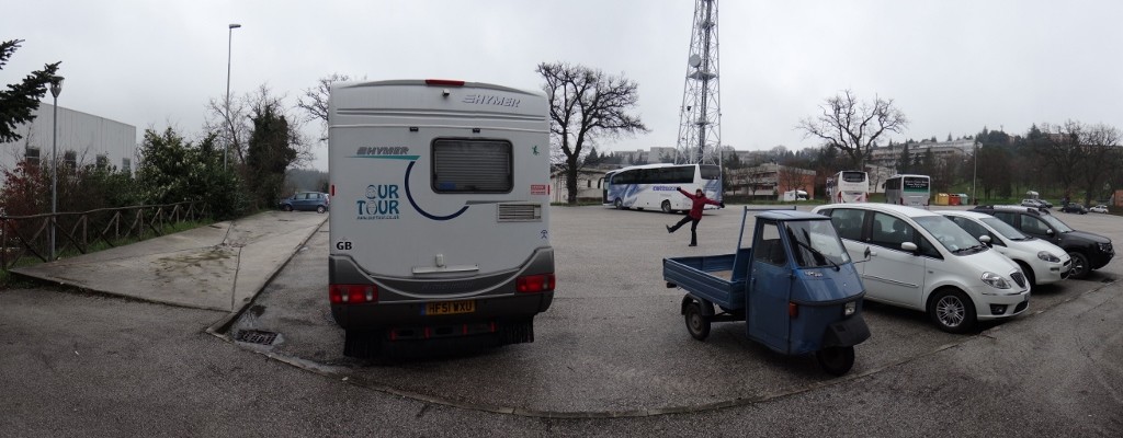 Zagan in the motorhome sosta in Urbino, where is is no longer, as it's on a wonk