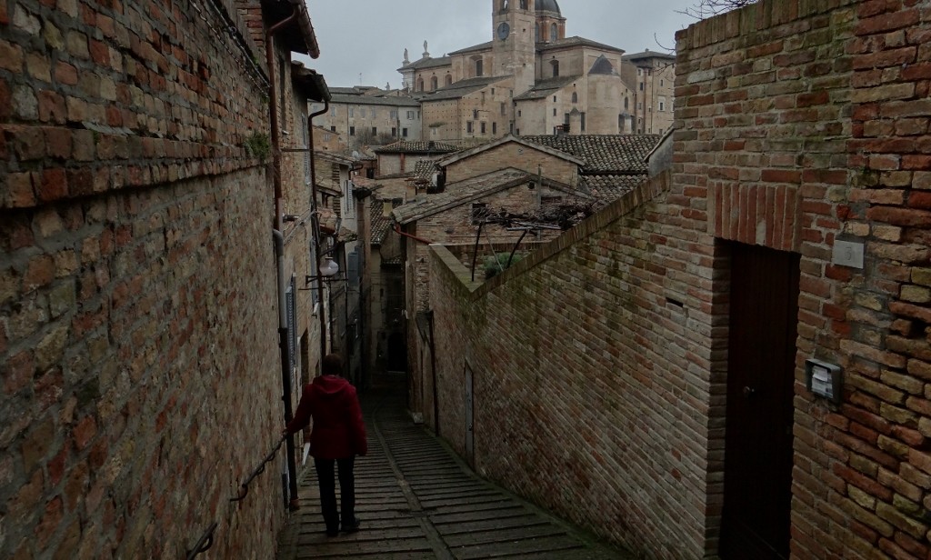 Steep streets in Urbino have 'steps' of bricks in them to give you half a chance of not going your length