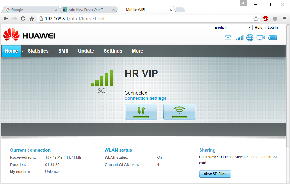 MiFi Admin Screen Connected to Croatia Internet using a Vipme SIM