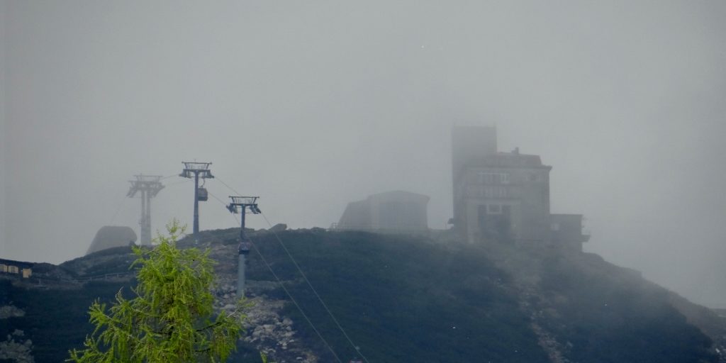 Tatranska Lomnica cable car station in cloud, Slovakia