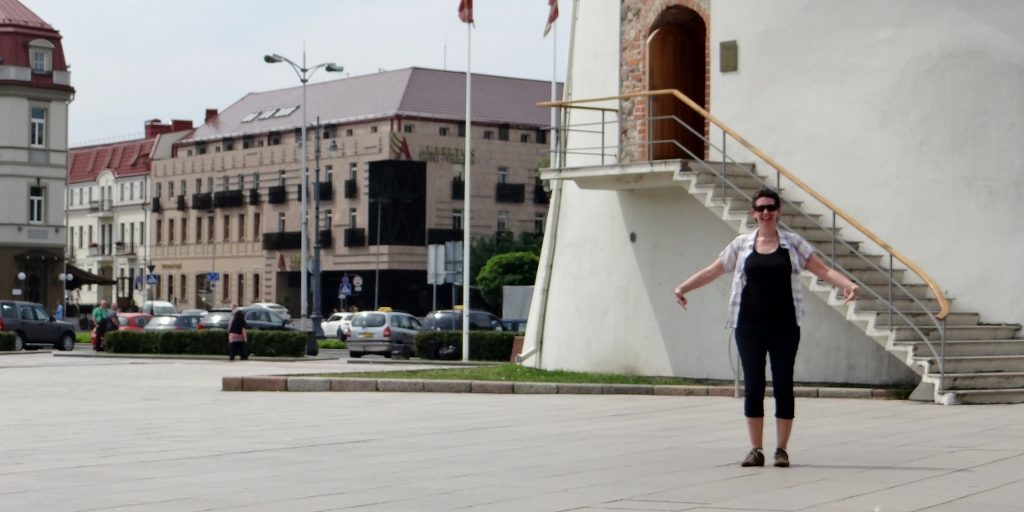 Ju spinning about on the Miracle Tile - an act which apparently is lucky...