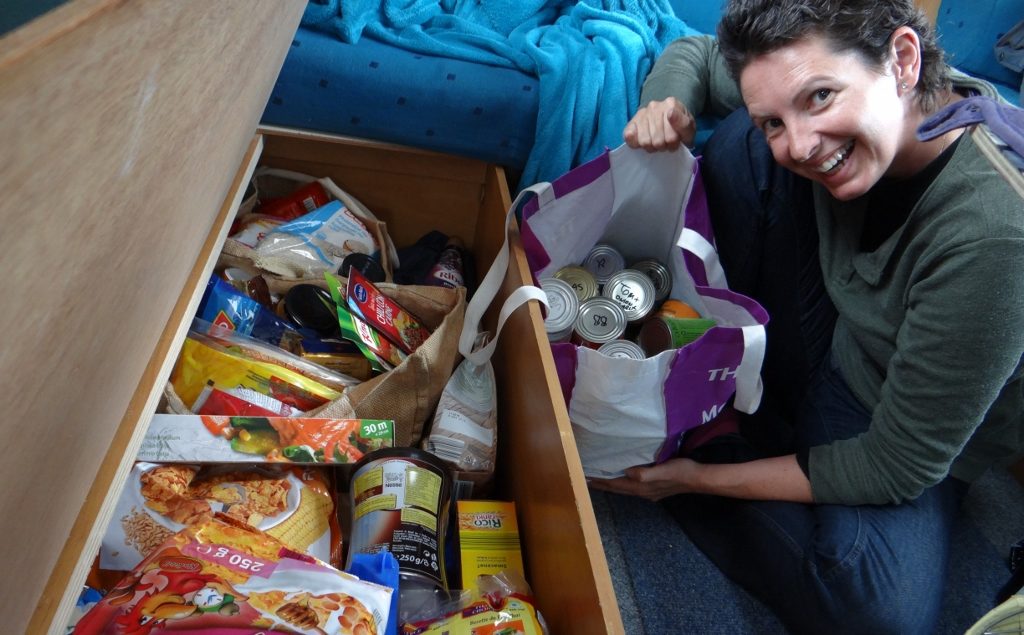 Cupboards packed with long-life Estonian grub! Tip: shop before you get to Tallinn, the supermarket we used was perhaps 20% to 30% more expensive than towns in the south