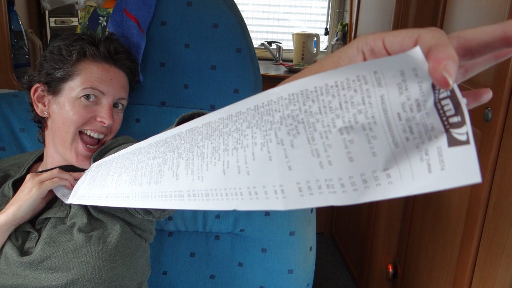 That's some till receipt: £100 worth of grub. Pasta, rice, tinned meat and veg, sauces, dried spices... We stopped dead at bear meat though - seriously - it was on sale at €12 a tin.