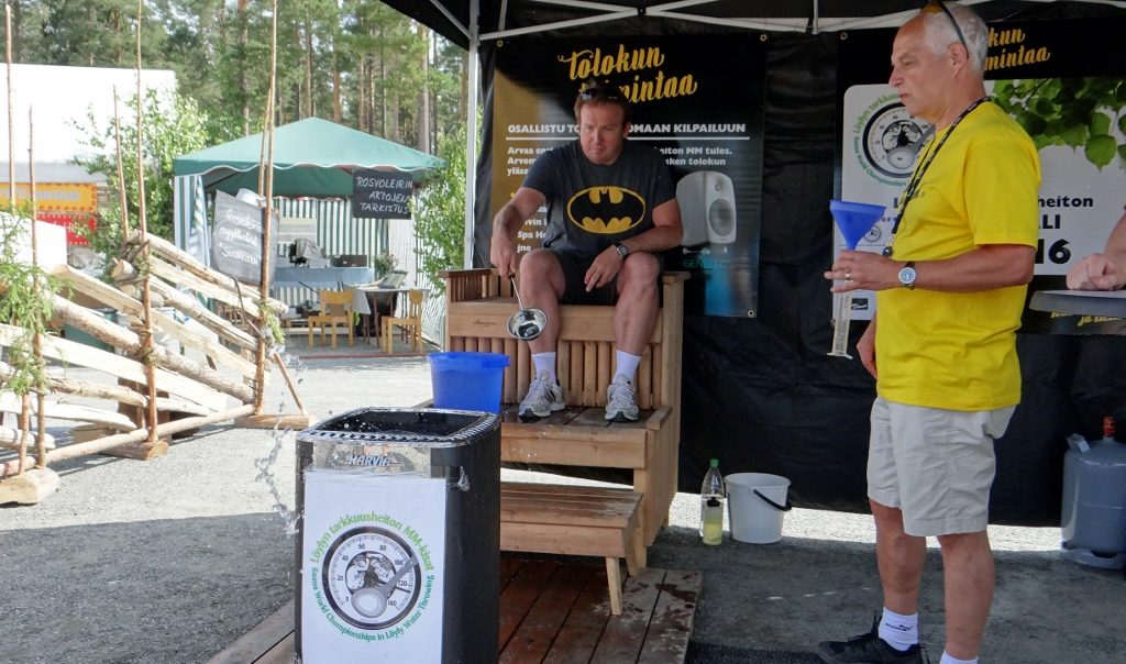 Richard having a crack at the water-throw-on-sauna accuracy test