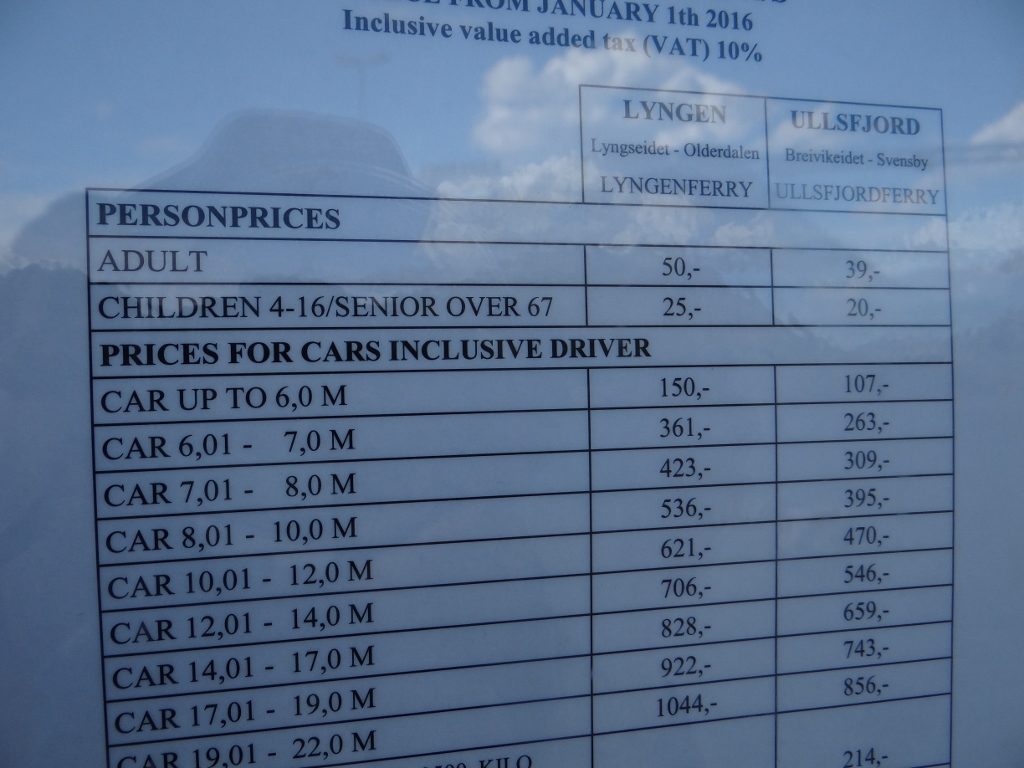 You need two ferries to get from Olderdalen to Tromso, and both costs are shown. Being under 6m (ahem), we paid 150 NOK plus 50 NOK for the Lyngenferry, then 107 NOK plus 39 NOK for the Ullsfyordferry, about £32 in total. If we were between 6m and 7m, the cost would jump to £65.