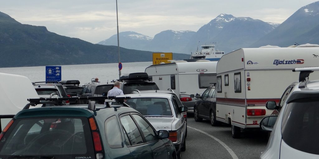 The queue at Svensby. The ferry folks were super-efficient at loading and unloading, and only a tiny bit of queue-jumping went on (not us this time)