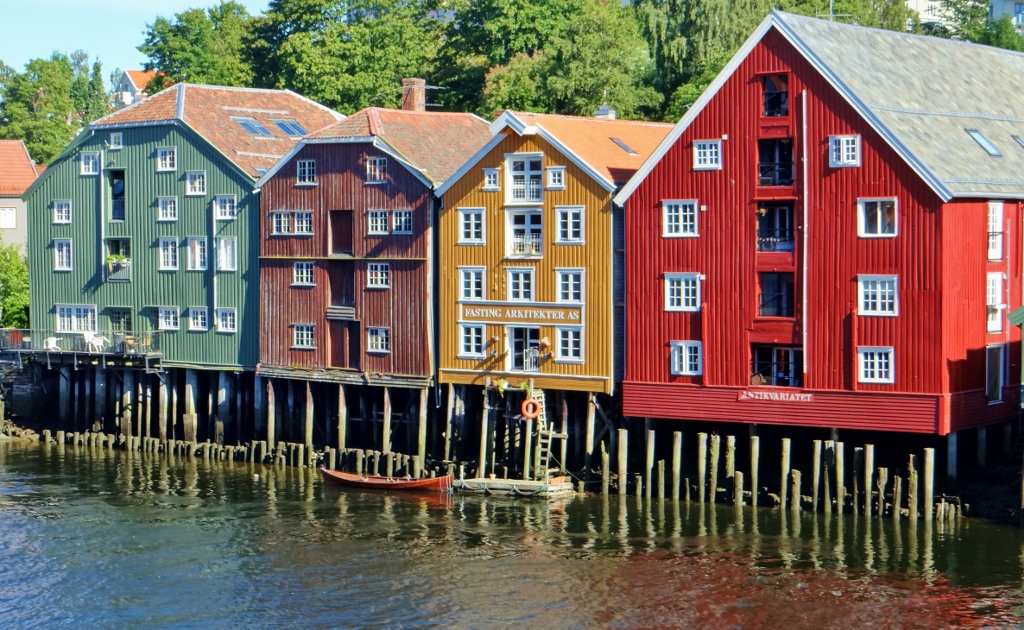Colourful warehouses by waterfront Trondheim