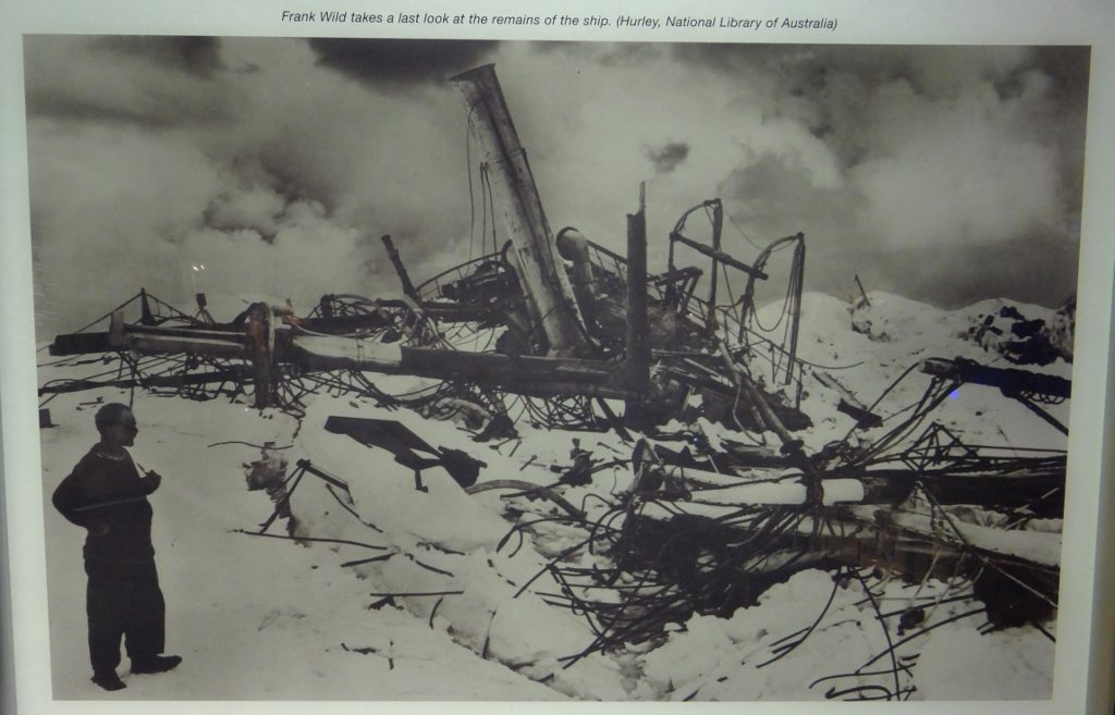 A fairly typical fate for a wooden ship trapped in ice. The Fram was designed to rise above the ice as it crushed in from the sides, helping avoid it being smashed apart