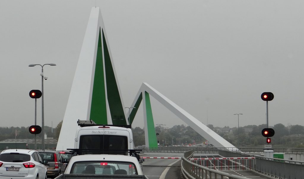 Huge swing bridge on the way into Odense. The smooth movement of the triangular frame was a sight to see