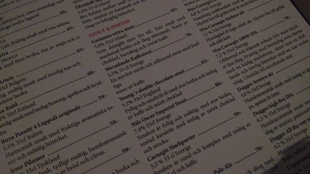 Craft beers in Sweden - £8 a go and half the price of Norway