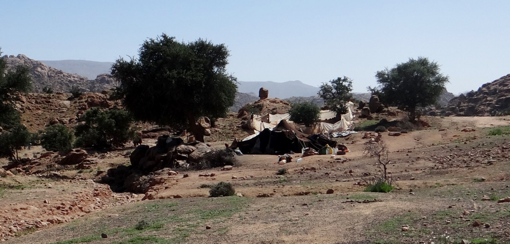 Berber tent just outside Tafraoute. Behind it kids (goaty kind) bounce about in a fenced-in area