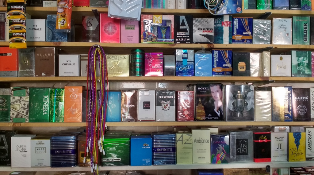 Perfumes for sale in Tata. Not all of them looked genuine...