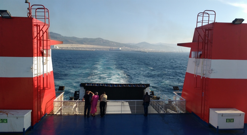 And then, only and hour or two late, the ferry was off! That's the hills of Africa in the background.