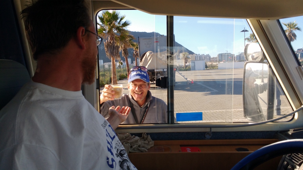 How's that! Jurg delivers a delicious ground coffee to our van on the way to the service point. Perfect.