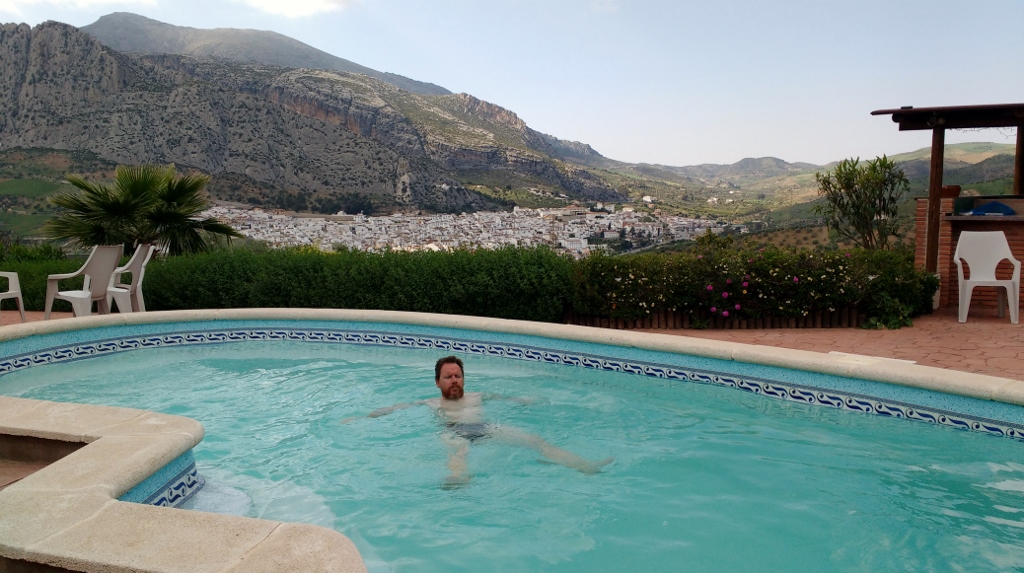 The pool's up to 26 degrees, heated by the solar system the owner designed and made, warm enough for me to get in there!