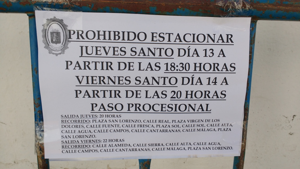 Street closures for the Holy Week processions. The steep, narrow streets afterwards can be slippy for the cars, especially after rain, as they're covered in candle wax!