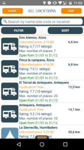 Tapping All Sites brings up a list of nearby stopovers, using the GPS in the phone to work out where we are