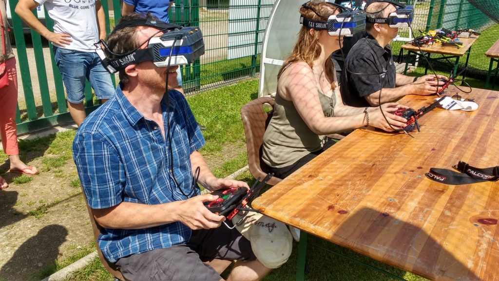 Big kid flies drone, badly. If you fancy one, the drones are about £100, and the headsets (which are now much smaller than the one I've got on) £400.