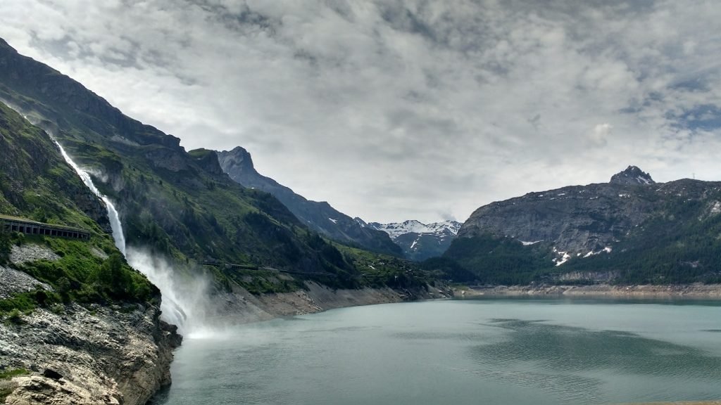 A waterfall beside the dam at Tignes