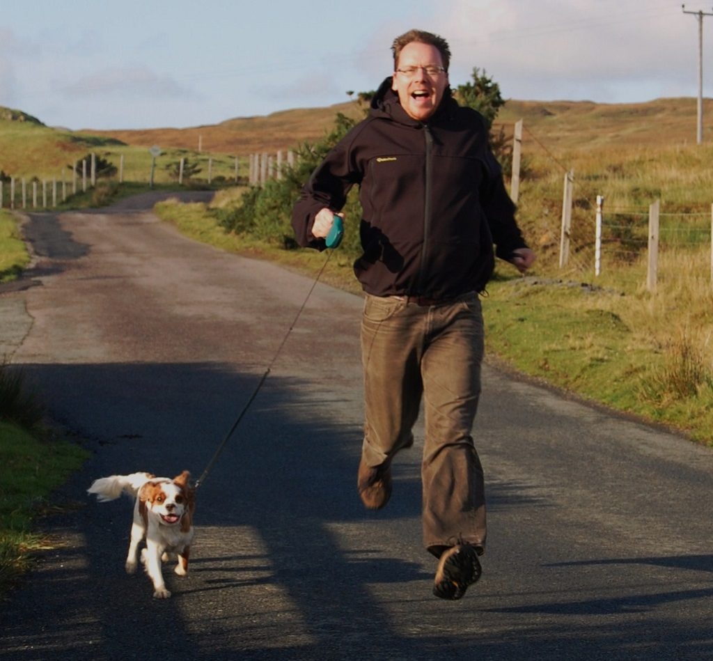 Off out for a walk. I'd hide in the long grass while Ju held him facing the other way, and he'd sniff me out, licking my ears when he found me.