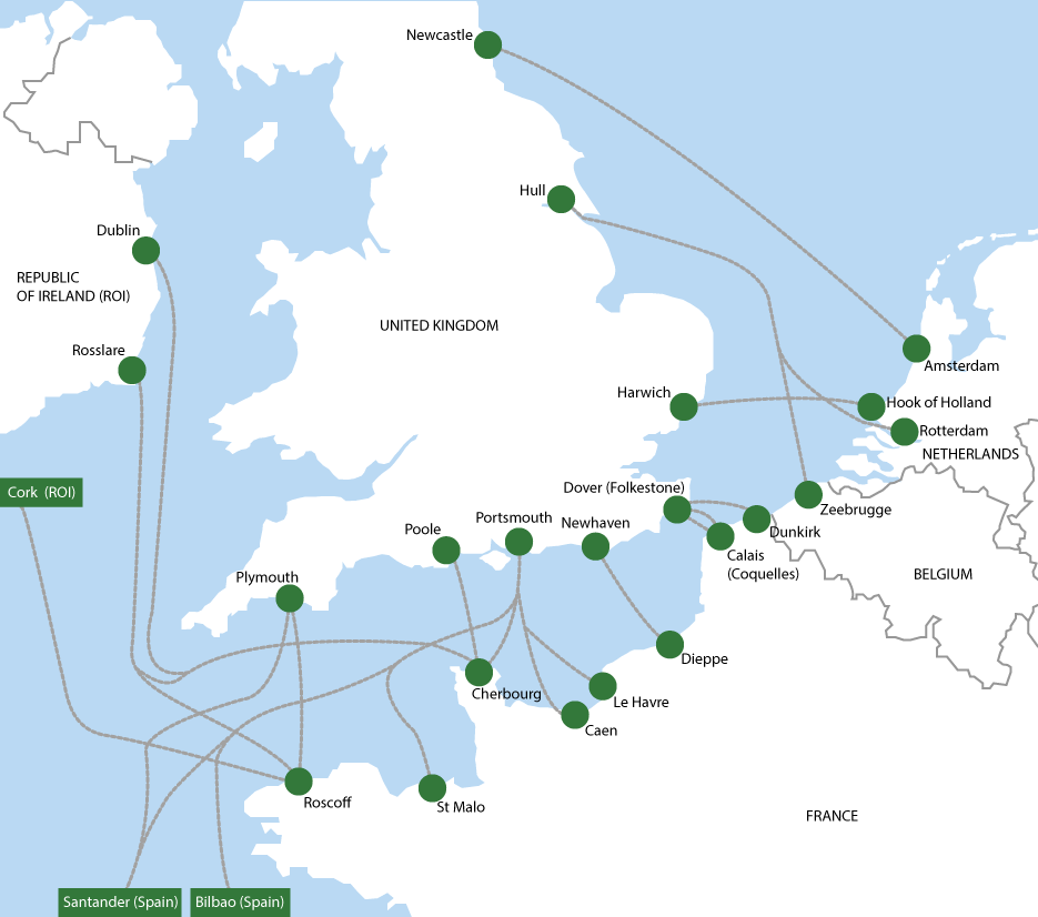 Ferry Routes UK Eire France Belgium Netherlands Spain