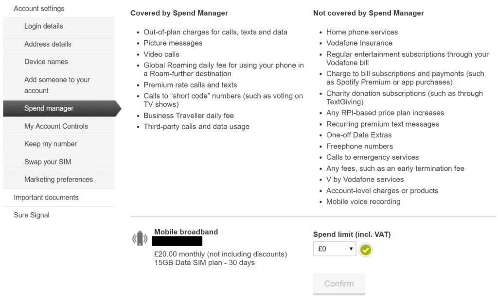 Using the My Vodafone website to set a Spend Limit of £0 to avoid monthly bill surcharges.