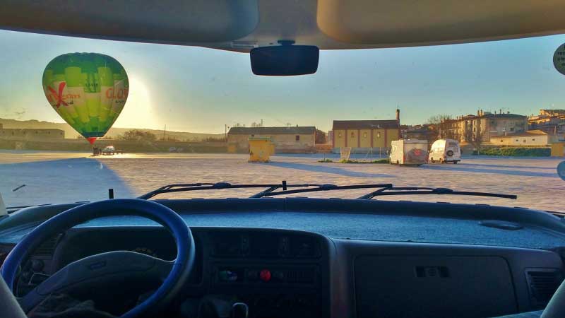 Hot air balloon through a motorhome windscreen