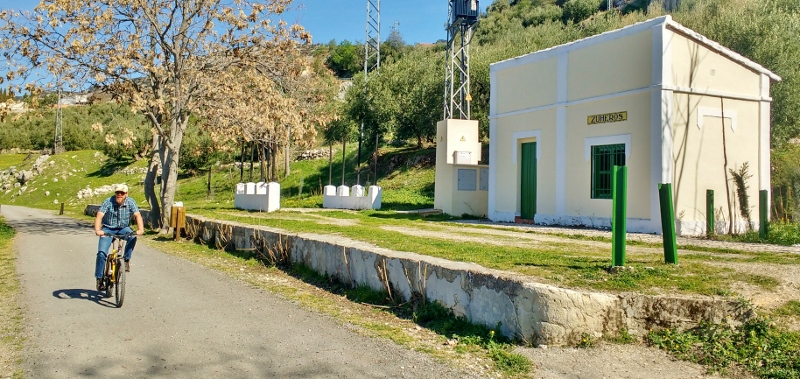 Cycling through Zuheros station on the via verde subbetica