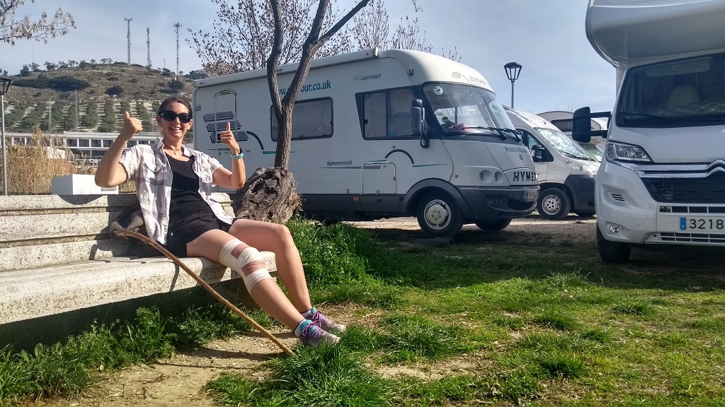 Ju bandaged up and surrounded by motorhomes!