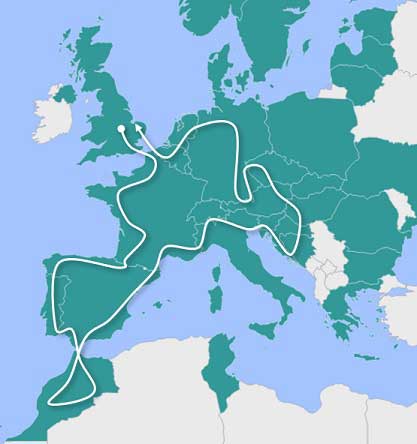 An OurTour Motorhome Tour Map of Europe and Morocco